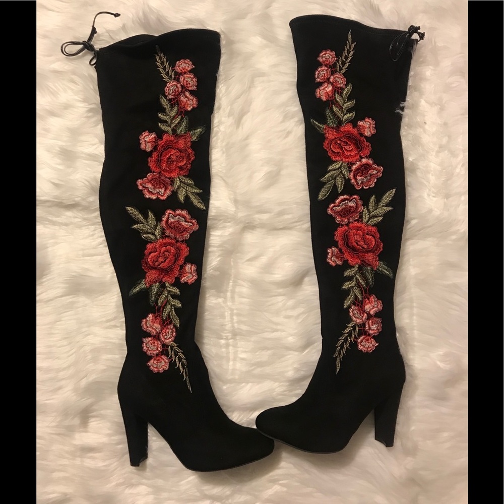 Thigh-high floral embroidered boot heels